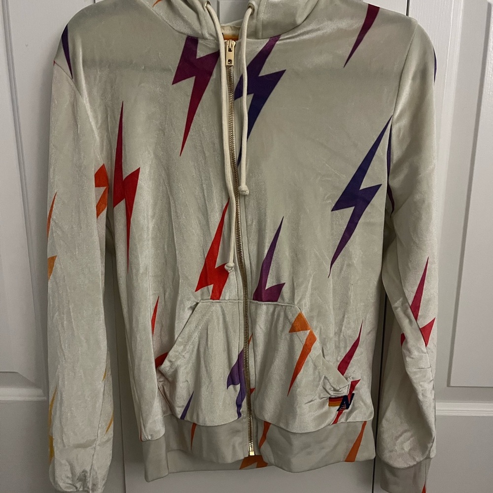 Aviator Nation Cream Jacket with Multicolor Lightning Bolts